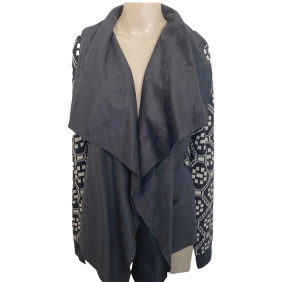 [Sweet Rain] Faux Suede X Knit Open Cardigan Size Medium Black/Ivory - Picture 1 of 7